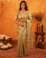 Mehendi Green Banarasi Silk Saree with Floral Zari Butti & Scalloped Embroidered Border | Elegant Festive & Wedding Wear Designer Saree
