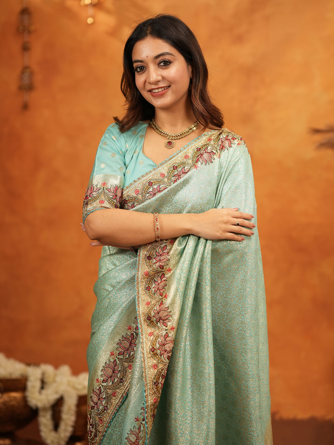 Aqua Green Banarasi Silk Embroidered Saree with Floral Border & Zari Weaving | Heavy Embroidered Blouse with Tassels | Wedding & Festive Wear Saree