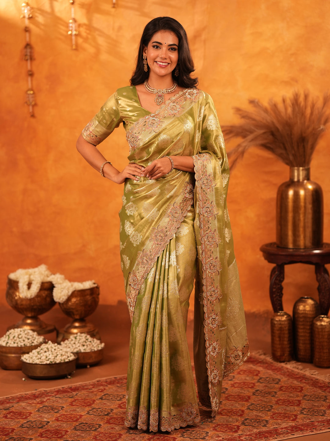 Mehendi Green Banarasi Silk Saree with Floral Zari Butti & Scalloped Embroidered Border | Elegant Festive & Wedding Wear Designer Saree