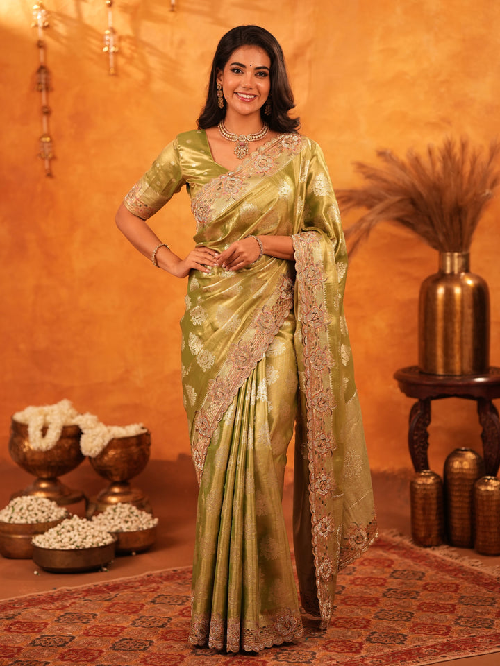 Mehendi Green Banarasi Silk Saree with Floral Zari Butti & Scalloped Embroidered Border | Elegant Festive & Wedding Wear Designer Saree