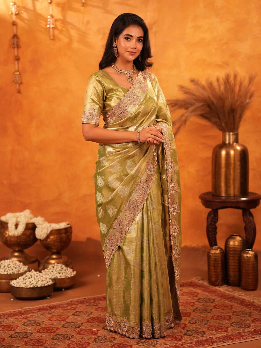 Mehendi Green Banarasi Silk Saree with Floral Zari Butti & Scalloped Embroidered Border | Elegant Festive & Wedding Wear Designer Saree