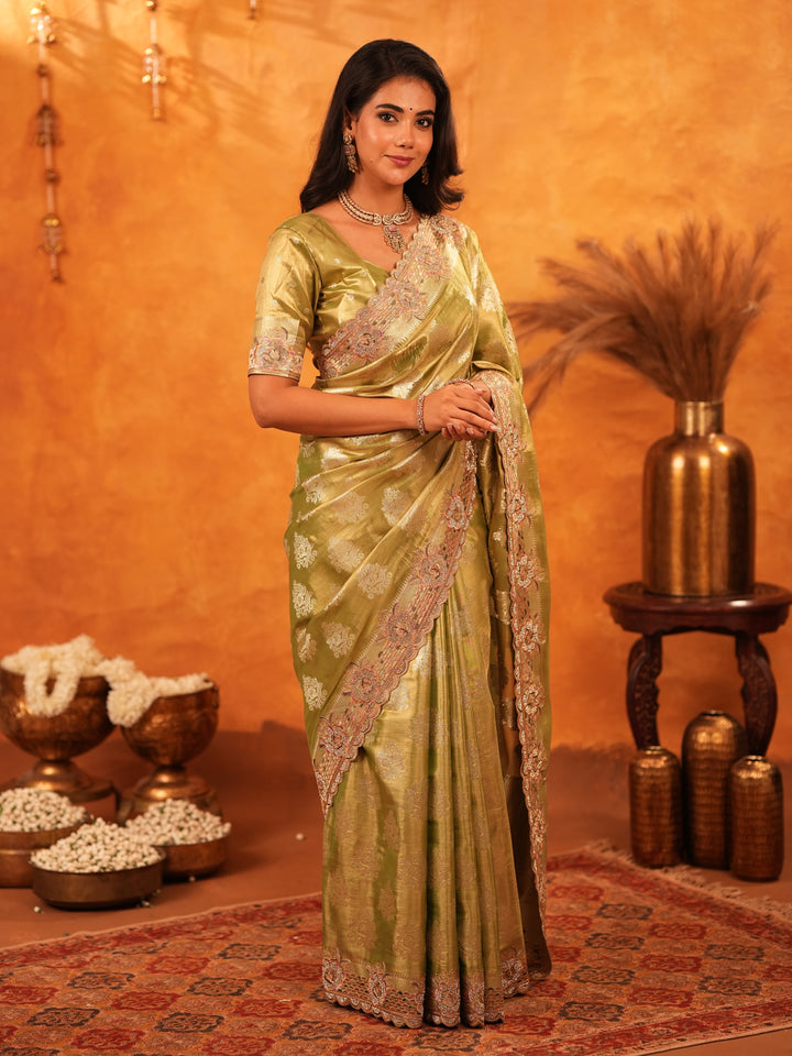 Mehendi Green Banarasi Silk Saree with Floral Zari Butti & Scalloped Embroidered Border | Elegant Festive & Wedding Wear Designer Saree