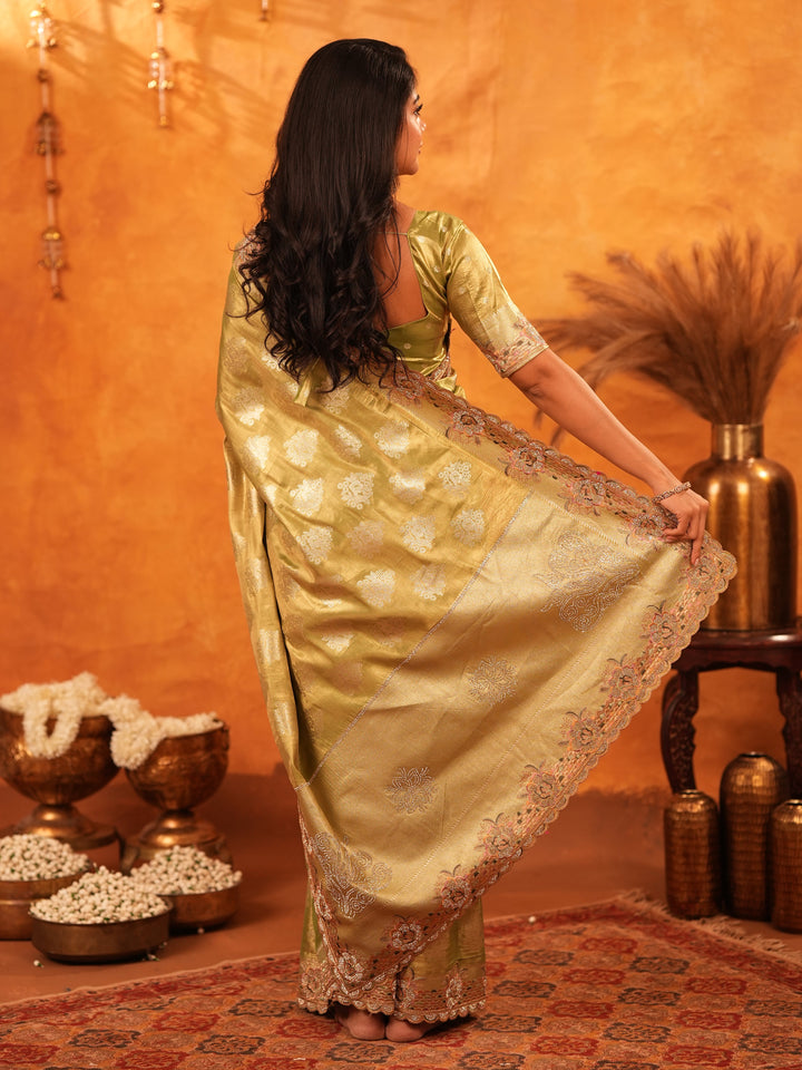 Mehendi Green Banarasi Silk Saree with Floral Zari Butti & Scalloped Embroidered Border | Elegant Festive & Wedding Wear Designer Saree