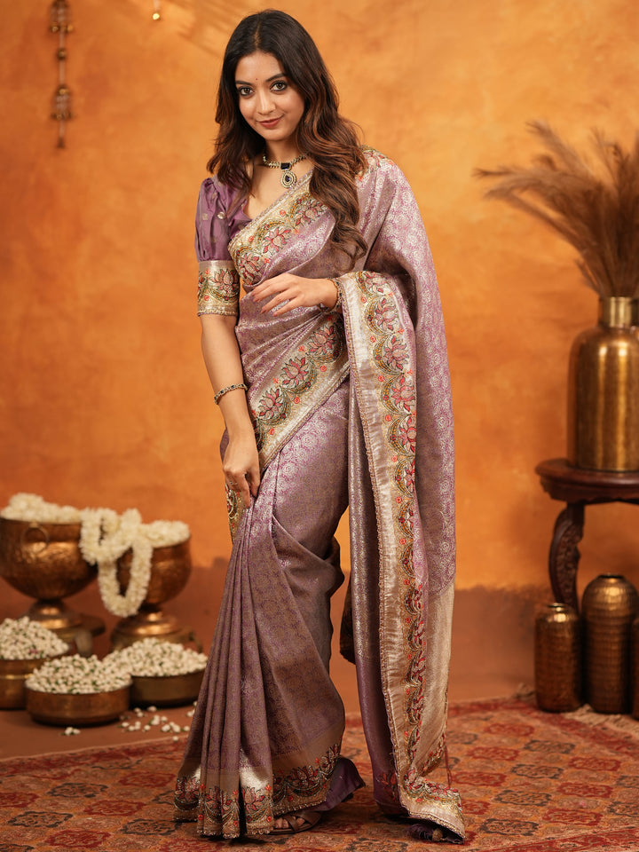 Lavender Purple Banarasi Silk Embroidered Saree with Floral Border & Zari Weaving | Heavy Embroidered Blouse with Tassels | Wedding & Festive Wear Saree