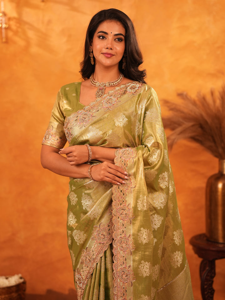 Mehendi Green Banarasi Silk Saree with Floral Zari Butti & Scalloped Embroidered Border | Elegant Festive & Wedding Wear Designer Saree