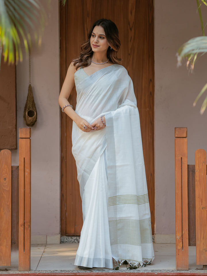 Pure White & Olive Green Handloom Cotton Saree with Minimal Striped Border & Tassel Detailing