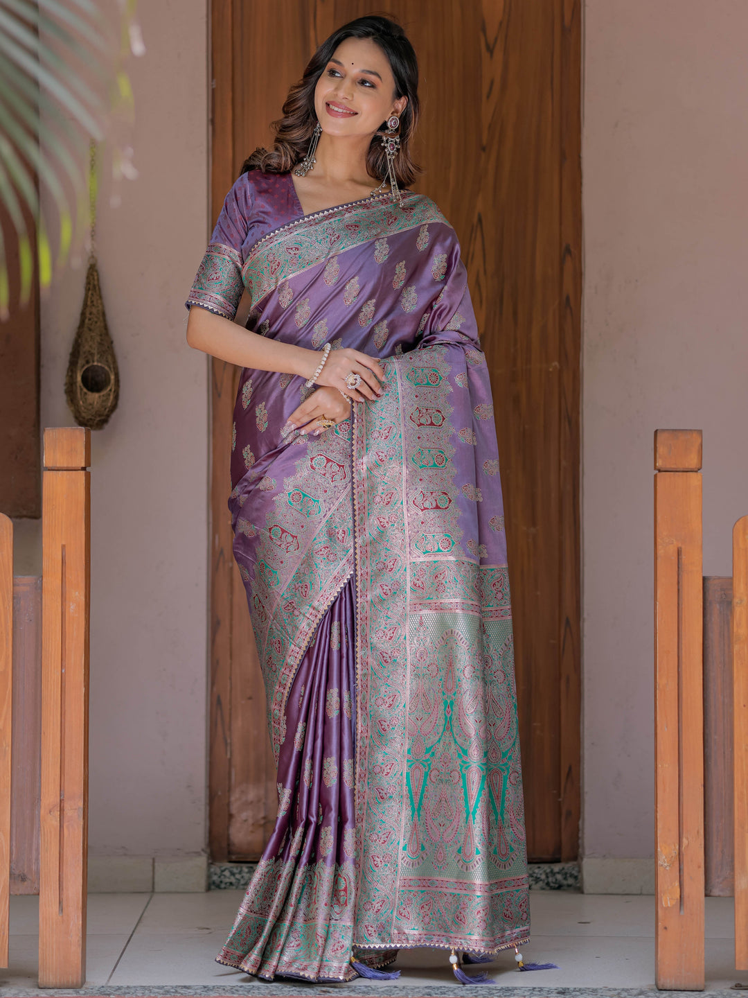 Royal Lavender Purple Banarasi Silk Saree with Intricate Paisley Zari Weaving & Tassel Detailing