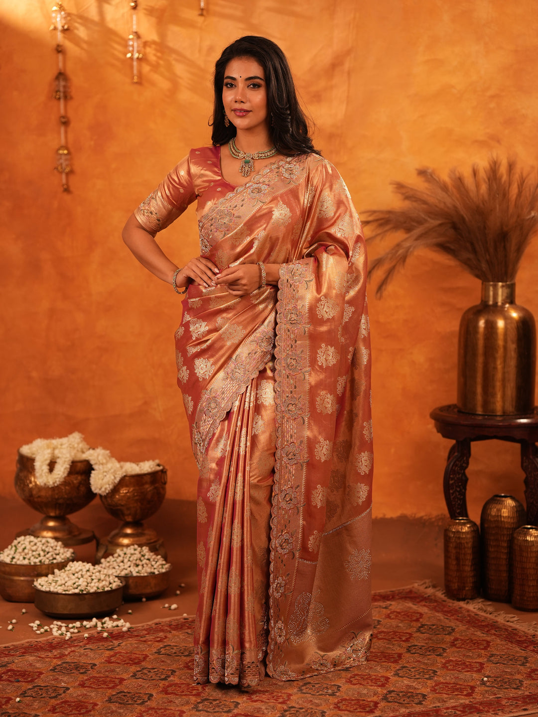 Rose Gold Banarasi Silk Saree with Floral Zari Butti & Scalloped Embroidered Border | Premium Wedding & Festive Wear Designer Saree