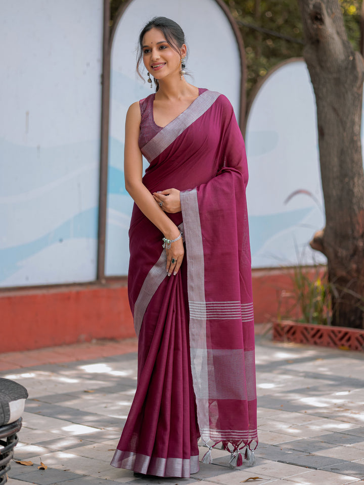 Elegant Wine Purple Pure Handloom Cotton Saree with Silver Border & Tassel Detailing