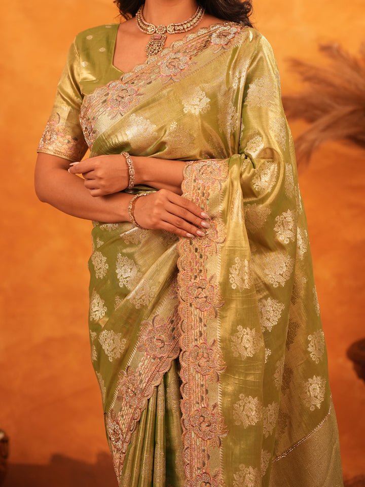 Mehendi Green Banarasi Silk Saree with Floral Zari Butti & Scalloped Embroidered Border | Elegant Festive & Wedding Wear Designer Saree