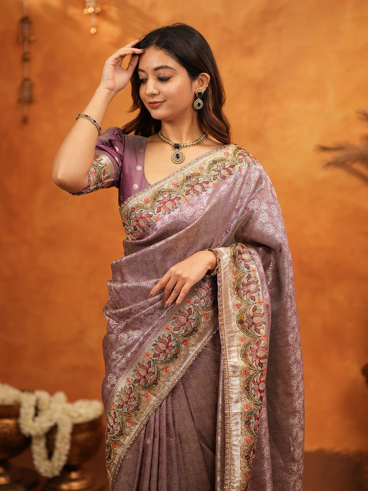 Lavender Purple Banarasi Silk Embroidered Saree with Floral Border & Zari Weaving | Heavy Embroidered Blouse with Tassels | Wedding & Festive Wear Saree