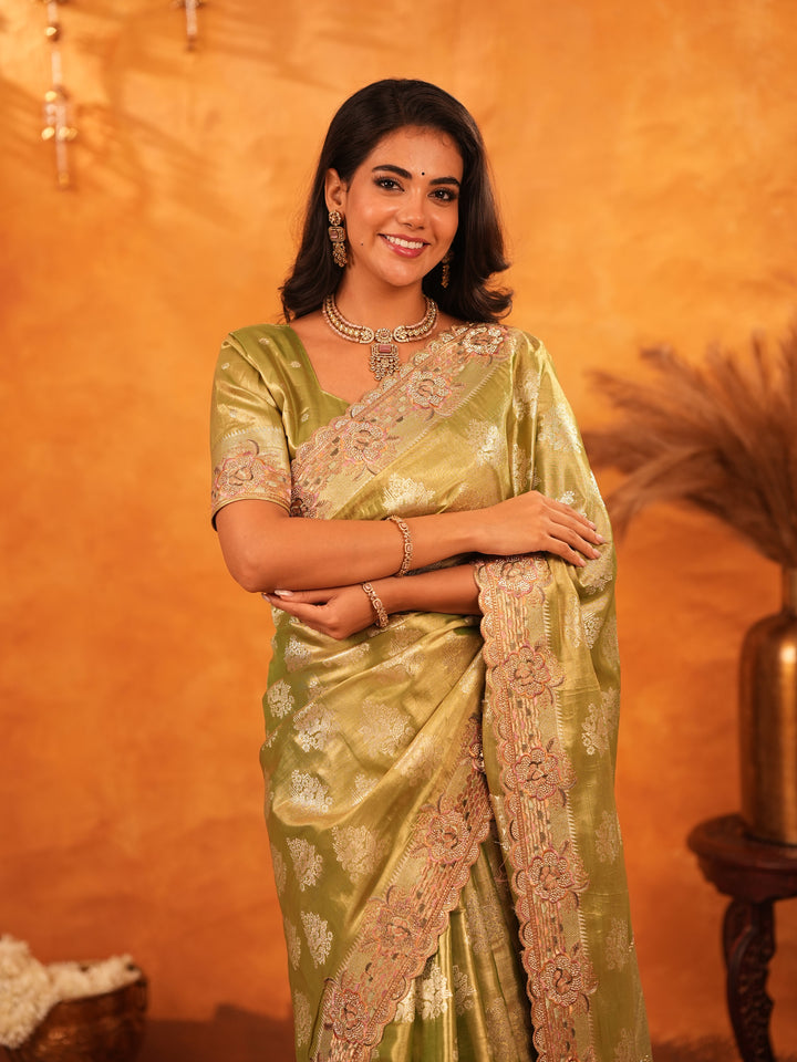 Mehendi Green Banarasi Silk Saree with Floral Zari Butti & Scalloped Embroidered Border | Elegant Festive & Wedding Wear Designer Saree