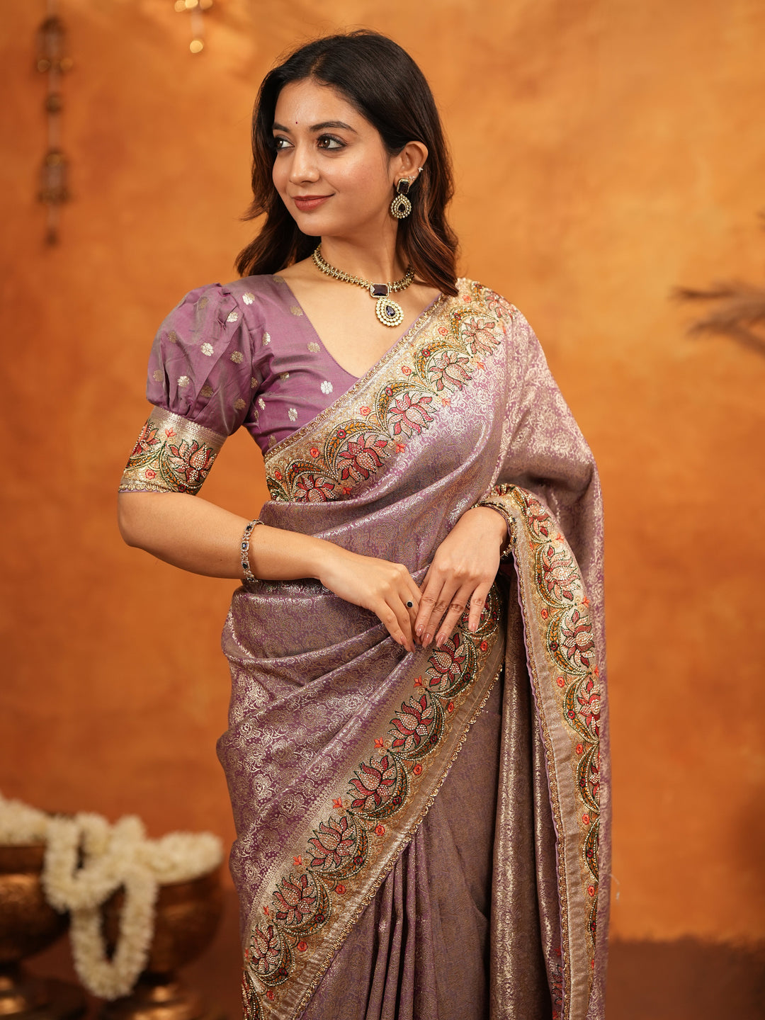 Lavender Purple Banarasi Silk Embroidered Saree with Floral Border & Zari Weaving | Heavy Embroidered Blouse with Tassels | Wedding & Festive Wear Saree
