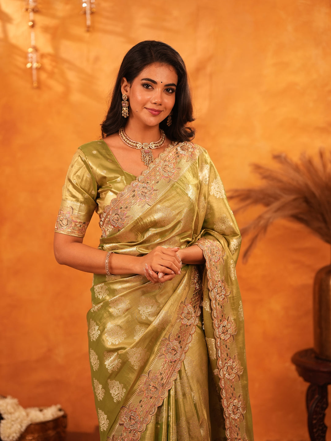 Mehendi Green Banarasi Silk Saree with Floral Zari Butti & Scalloped Embroidered Border | Elegant Festive & Wedding Wear Designer Saree
