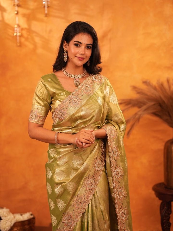 Mehendi Green Banarasi Silk Saree with Floral Zari Butti & Scalloped Embroidered Border | Elegant Festive & Wedding Wear Designer Saree