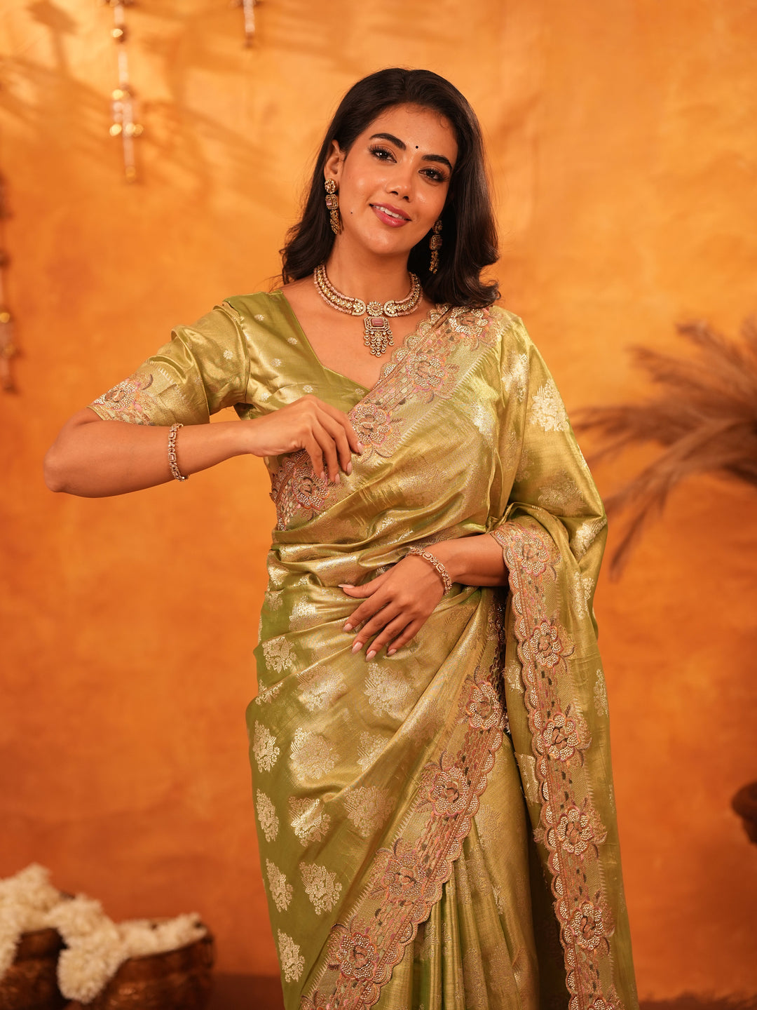 Mehendi Green Banarasi Silk Saree with Floral Zari Butti & Scalloped Embroidered Border | Elegant Festive & Wedding Wear Designer Saree