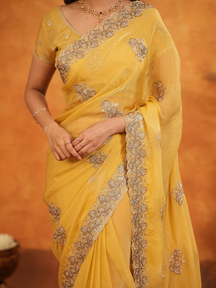 Sunshine Yellow Fendy Satin Embroidered Saree with Floral Border & Tassels | Elegant Festive Designer Saree with Heavy Embroidered Blouse