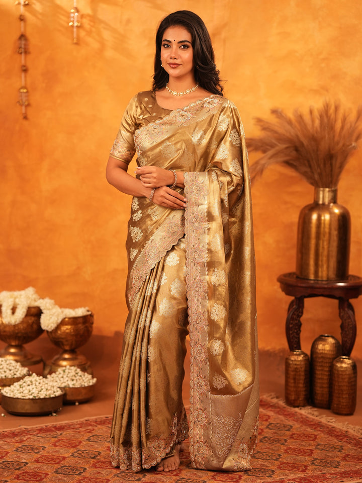 Antique Gold Banarasi Silk Saree with Floral Zari Butti & Scalloped Embroidered Border | Elegant Wedding & Festive Wear Designer Saree