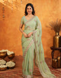 Mint Green Fendy Satin Embroidered Saree with Elegant Floral Work & Tassels | Soft Pastel Designer Saree with Heavy Embroidered Blouse