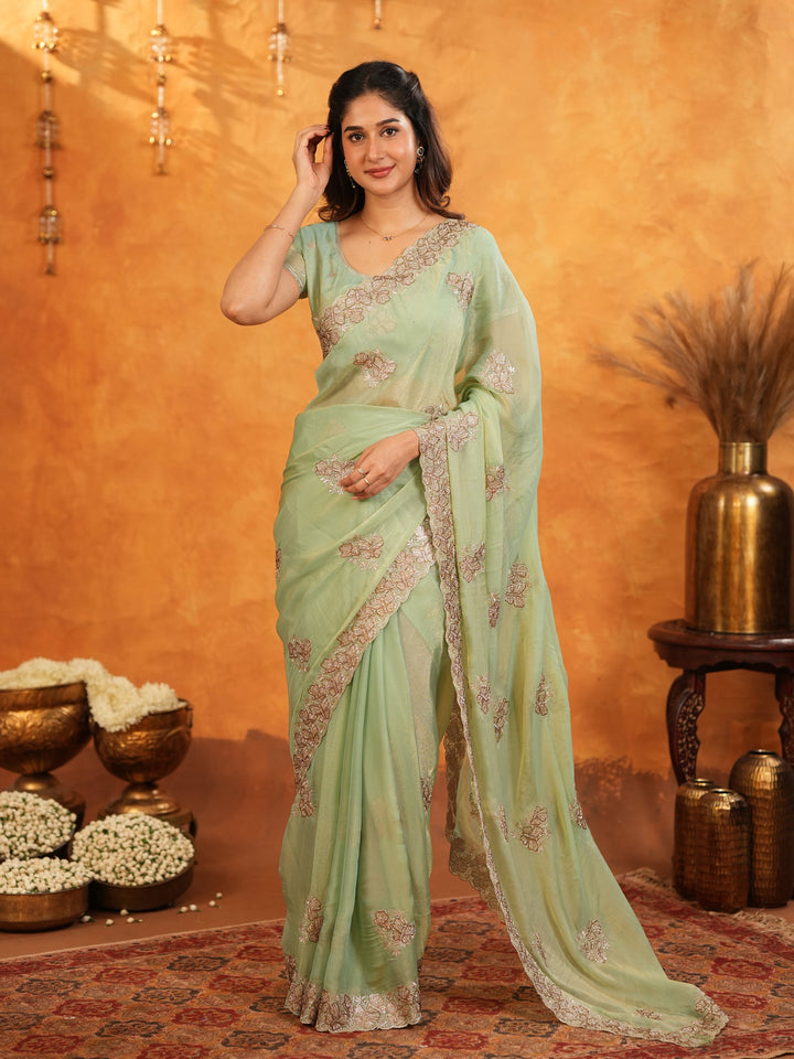 Mint Green Fendy Satin Embroidered Saree with Elegant Floral Work & Tassels | Soft Pastel Designer Saree with Heavy Embroidered Blouse