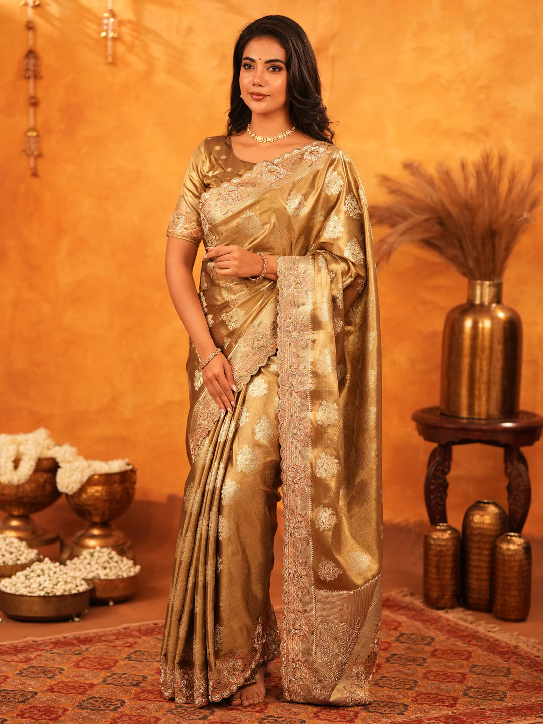 Antique Gold Banarasi Silk Saree with Floral Zari Butti & Scalloped Embroidered Border | Elegant Wedding & Festive Wear Designer Saree