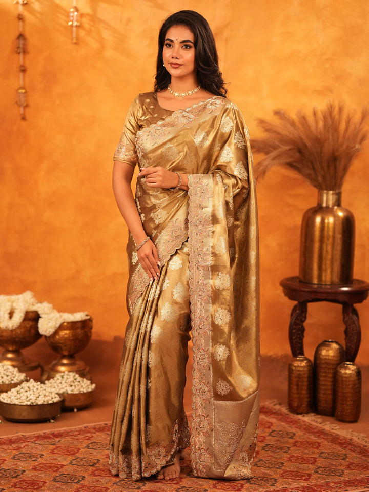 Antique Gold Banarasi Silk Saree with Floral Zari Butti & Scalloped Embroidered Border | Elegant Wedding & Festive Wear Designer Saree