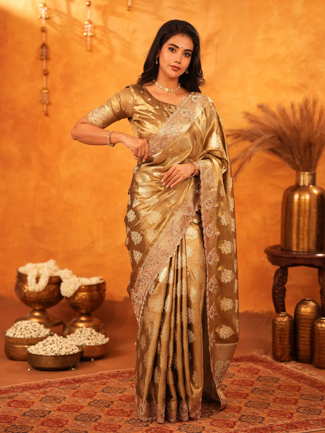 Antique Gold Banarasi Silk Saree with Floral Zari Butti & Scalloped Embroidered Border | Elegant Wedding & Festive Wear Designer Saree