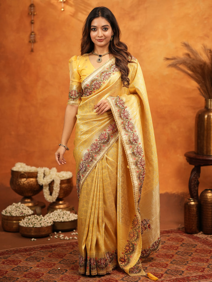 Mustard Yellow Banarasi Silk Embroidered Saree with Floral Border & Zari Weaving | Heavy Embroidered Blouse with Tassels | Wedding & Festive Wear Saree
