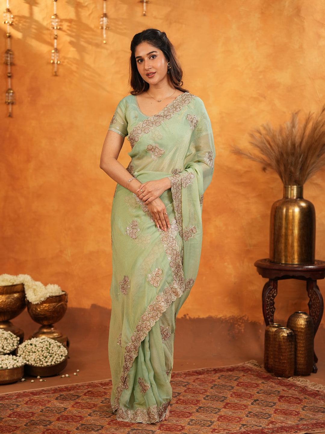 Mint Green Fendy Satin Embroidered Saree with Elegant Floral Work & Tassels | Soft Pastel Designer Saree with Heavy Embroidered Blouse