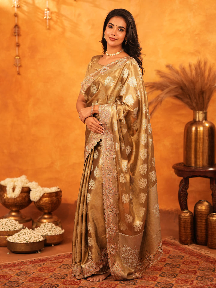 Antique Gold Banarasi Silk Saree with Floral Zari Butti & Scalloped Embroidered Border | Elegant Wedding & Festive Wear Designer Saree