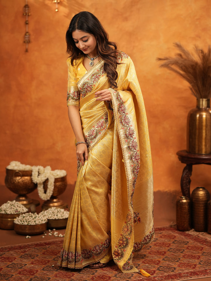 Mustard Yellow Banarasi Silk Embroidered Saree with Floral Border & Zari Weaving | Heavy Embroidered Blouse with Tassels | Wedding & Festive Wear Saree
