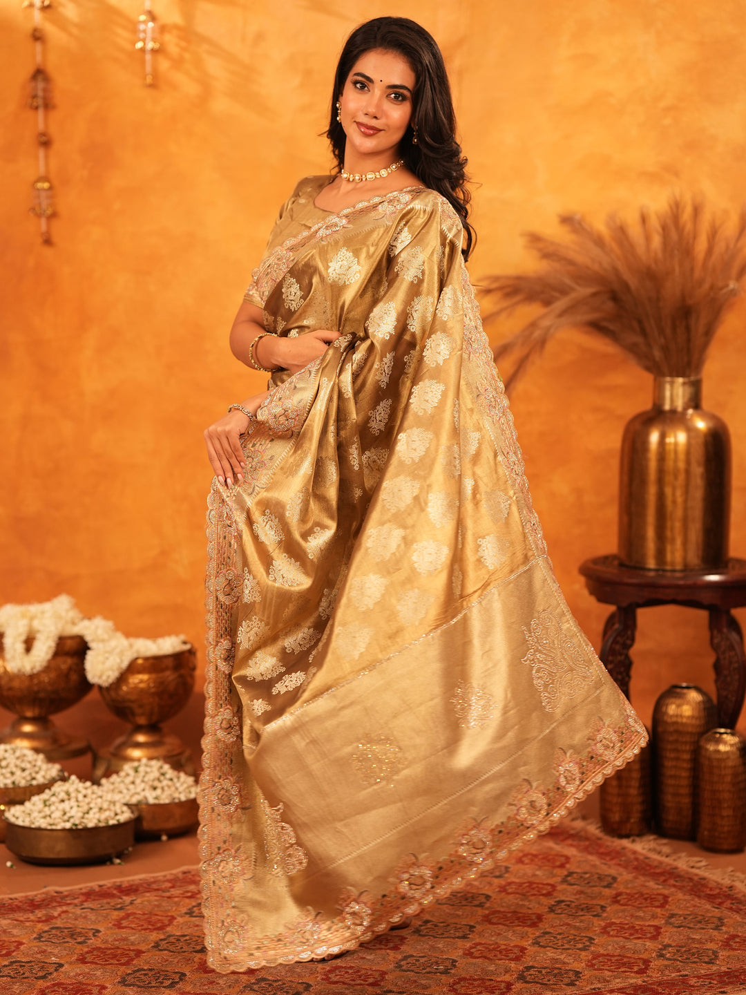 Antique Gold Banarasi Silk Saree with Floral Zari Butti & Scalloped Embroidered Border | Elegant Wedding & Festive Wear Designer Saree