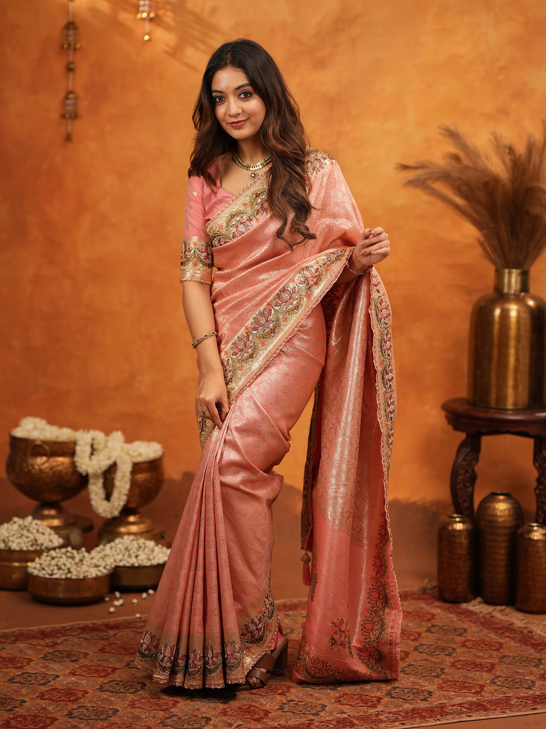 Peach Pink Banarasi Silk Embroidered Saree with Floral Border & Zari Weaving | Heavy Embroidered Blouse with Tassels | Wedding & Festive Wear Saree