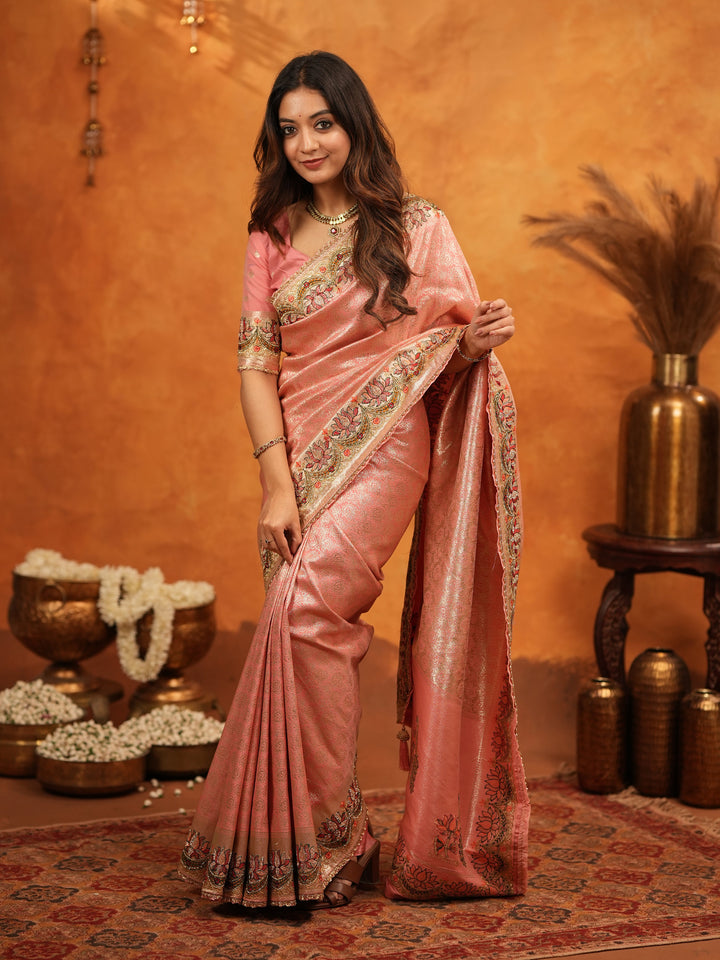 Peach Pink Banarasi Silk Embroidered Saree with Floral Border & Zari Weaving | Heavy Embroidered Blouse with Tassels | Wedding & Festive Wear Saree