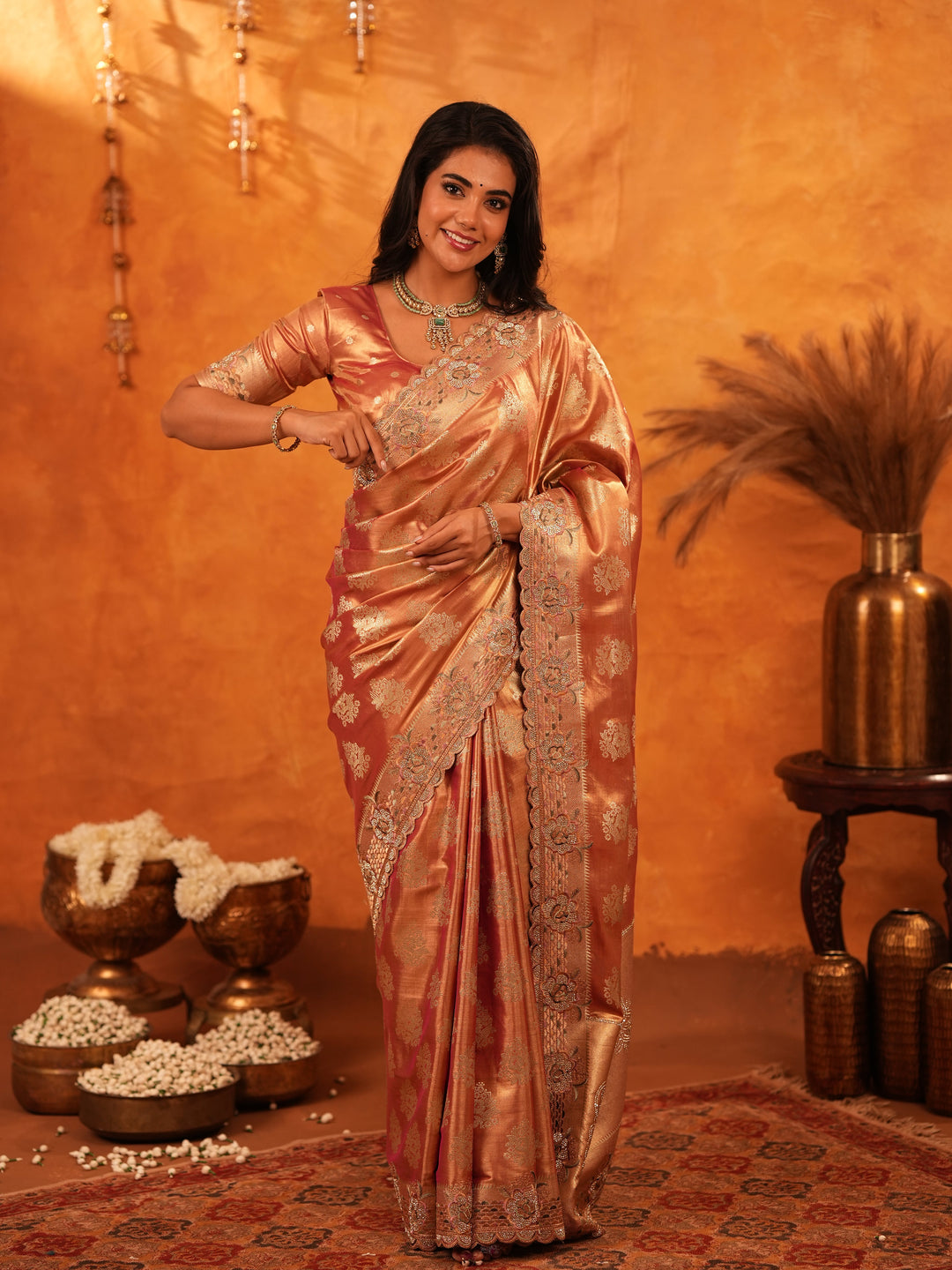Rose Gold Banarasi Silk Saree with Floral Zari Butti & Scalloped Embroidered Border | Premium Wedding & Festive Wear Designer Saree