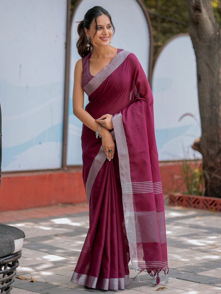 Elegant Wine Purple Pure Handloom Cotton Saree with Silver Border & Tassel Detailing