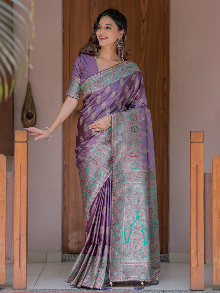 Royal Lavender Purple Banarasi Silk Saree with Intricate Paisley Zari Weaving & Tassel Detailing