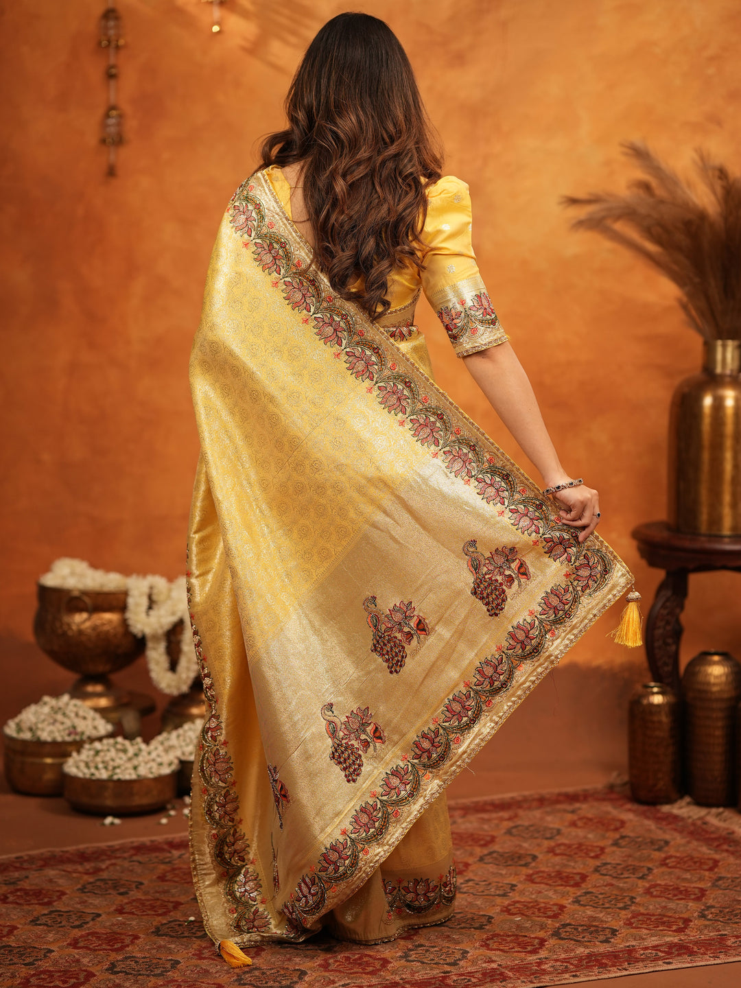 Mustard Yellow Banarasi Silk Embroidered Saree with Floral Border & Zari Weaving | Heavy Embroidered Blouse with Tassels | Wedding & Festive Wear Saree