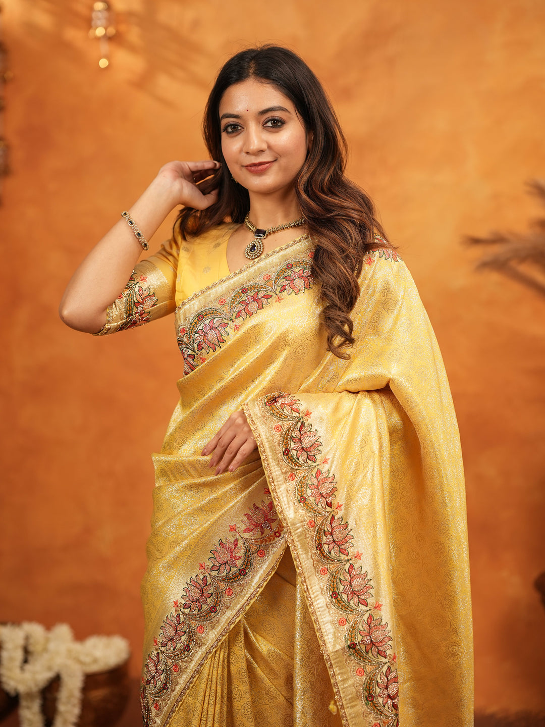 Mustard Yellow Banarasi Silk Embroidered Saree with Floral Border & Zari Weaving | Heavy Embroidered Blouse with Tassels | Wedding & Festive Wear Saree