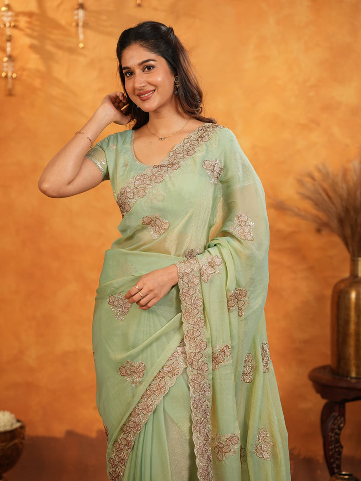 Mint Green Fendy Satin Embroidered Saree with Elegant Floral Work & Tassels | Soft Pastel Designer Saree with Heavy Embroidered Blouse