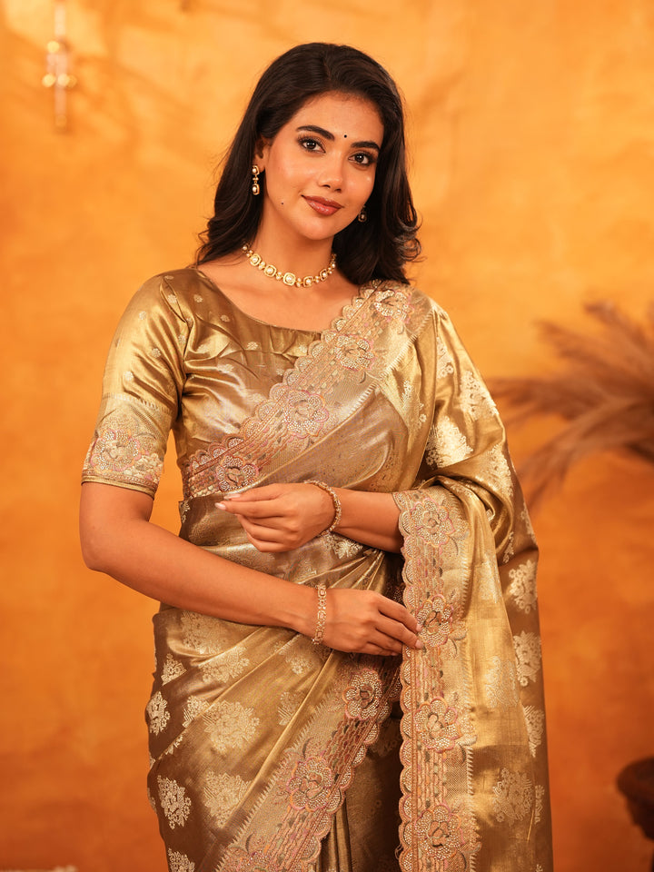 Antique Gold Banarasi Silk Saree with Floral Zari Butti & Scalloped Embroidered Border | Elegant Wedding & Festive Wear Designer Saree