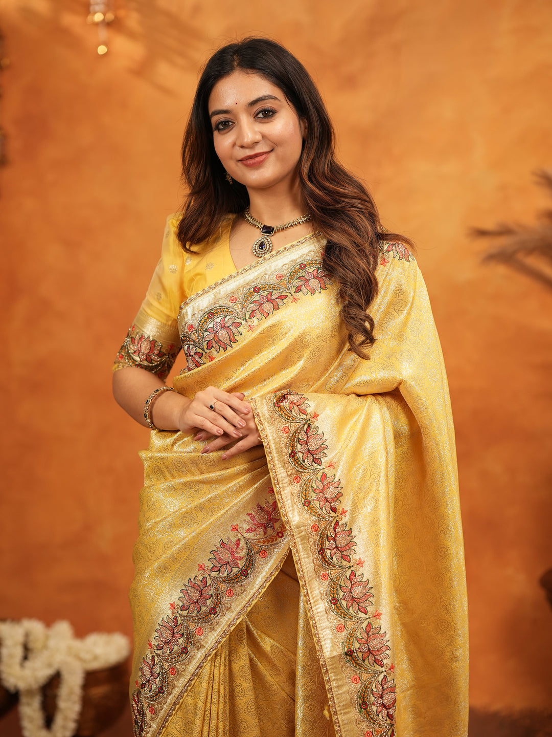 Mustard Yellow Banarasi Silk Embroidered Saree with Floral Border & Zari Weaving | Heavy Embroidered Blouse with Tassels | Wedding & Festive Wear Saree