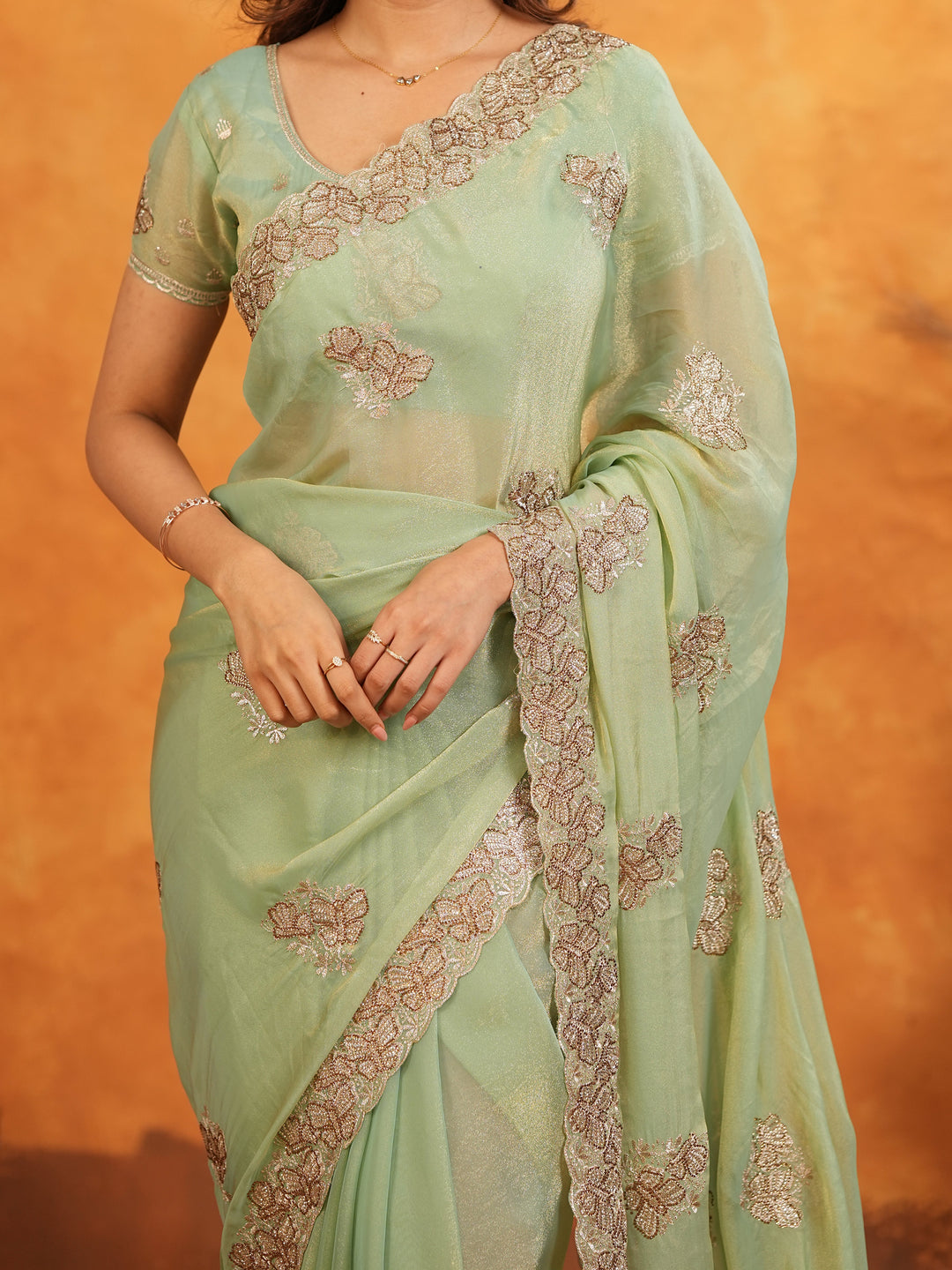 Mint Green Fendy Satin Embroidered Saree with Elegant Floral Work & Tassels | Soft Pastel Designer Saree with Heavy Embroidered Blouse