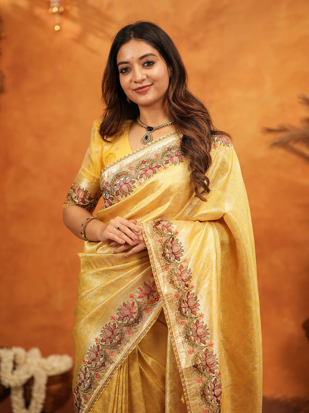 Mustard Yellow Banarasi Silk Embroidered Saree with Floral Border & Zari Weaving | Heavy Embroidered Blouse with Tassels | Wedding & Festive Wear Saree