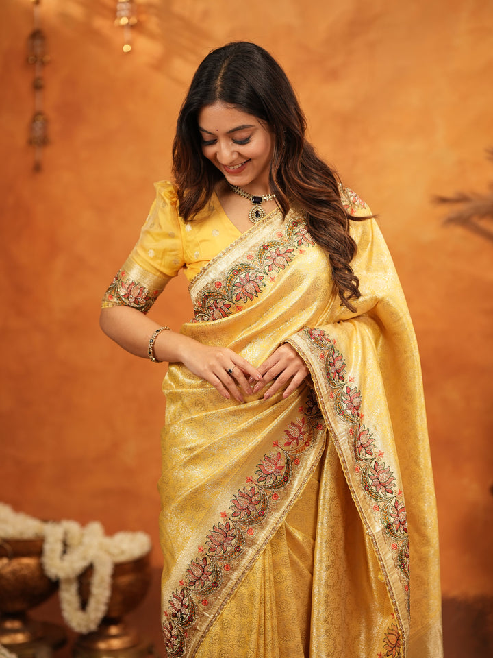 Mustard Yellow Banarasi Silk Embroidered Saree with Floral Border & Zari Weaving | Heavy Embroidered Blouse with Tassels | Wedding & Festive Wear Saree