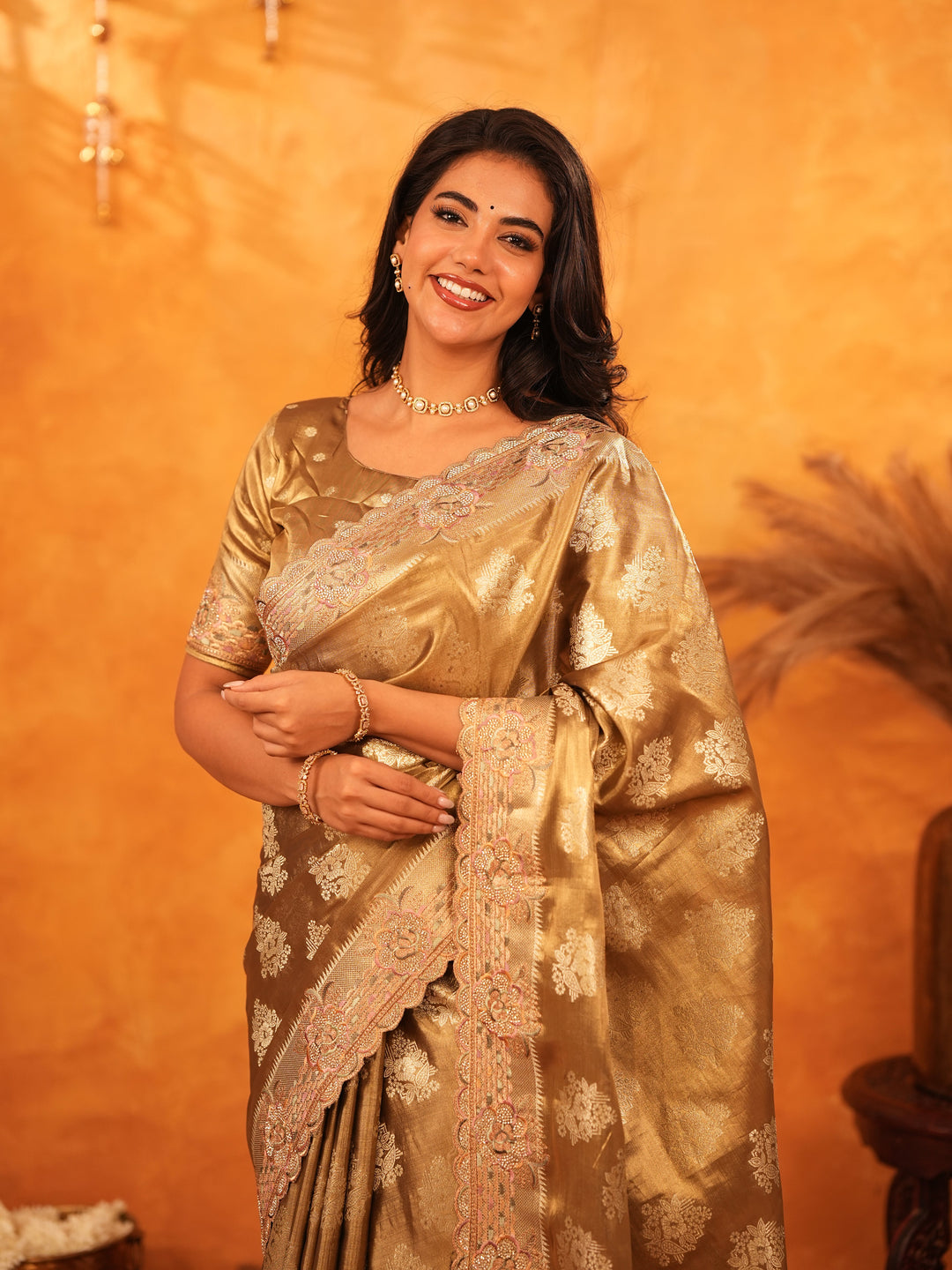 Antique Gold Banarasi Silk Saree with Floral Zari Butti & Scalloped Embroidered Border | Elegant Wedding & Festive Wear Designer Saree