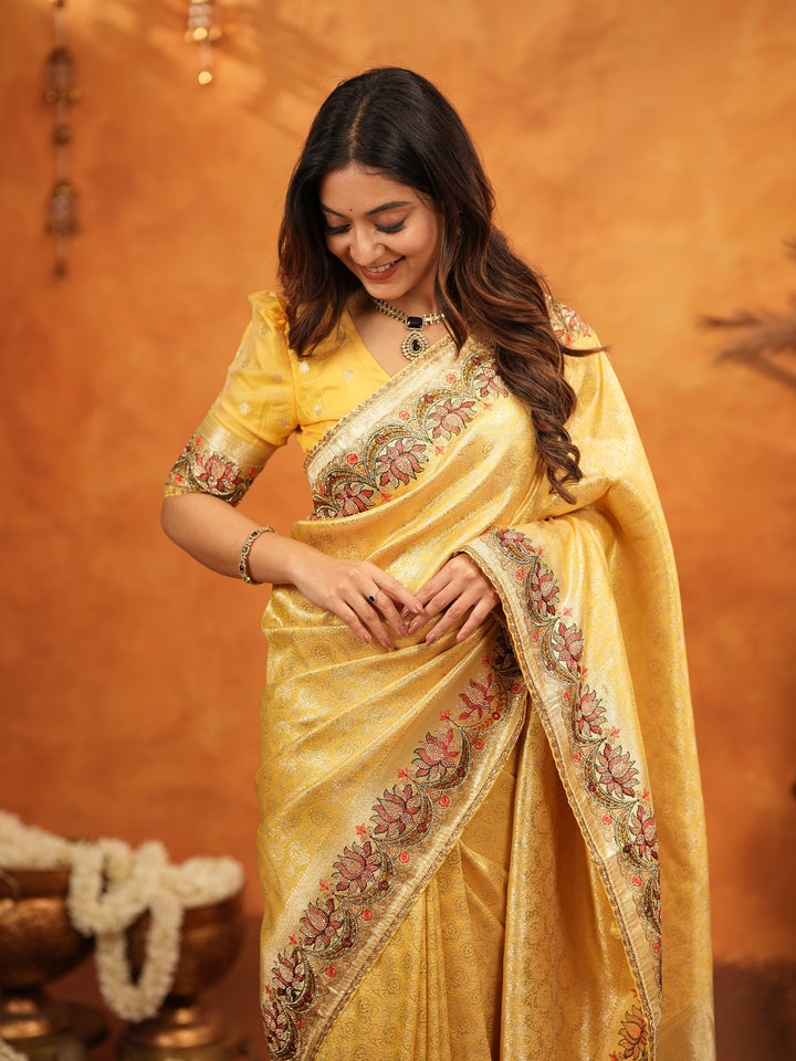 Mustard Yellow Banarasi Silk Embroidered Saree with Floral Border & Zari Weaving | Heavy Embroidered Blouse with Tassels | Wedding & Festive Wear Saree