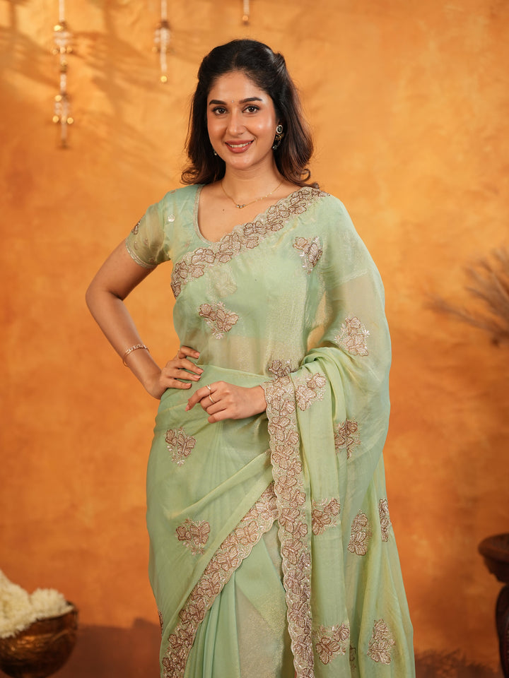 Mint Green Fendy Satin Embroidered Saree with Elegant Floral Work & Tassels | Soft Pastel Designer Saree with Heavy Embroidered Blouse