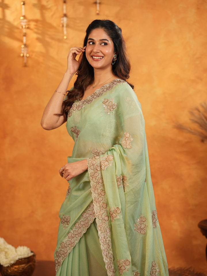 Mint Green Fendy Satin Embroidered Saree with Elegant Floral Work & Tassels | Soft Pastel Designer Saree with Heavy Embroidered Blouse