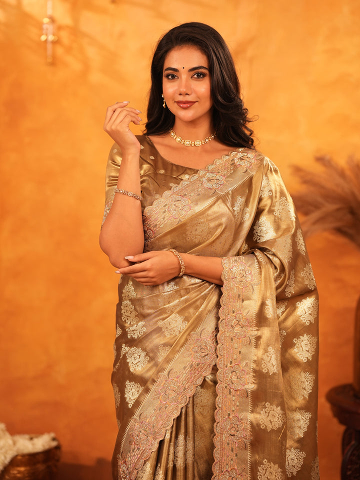 Antique Gold Banarasi Silk Saree with Floral Zari Butti & Scalloped Embroidered Border | Elegant Wedding & Festive Wear Designer Saree